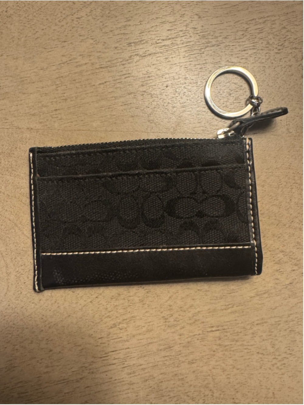 Coach Black Signature Jacquard Zip Keychain Card Case Wallet